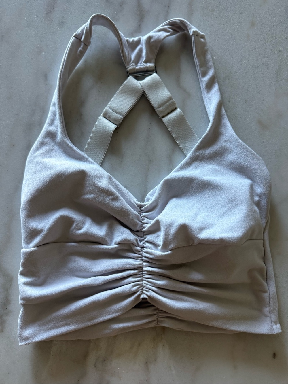 Bombshell Sportswear Light Taupe Ruched Crossback Sports Bra